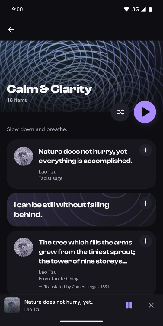 The Calm & Clarity collection open in Manifest, with a quote playing